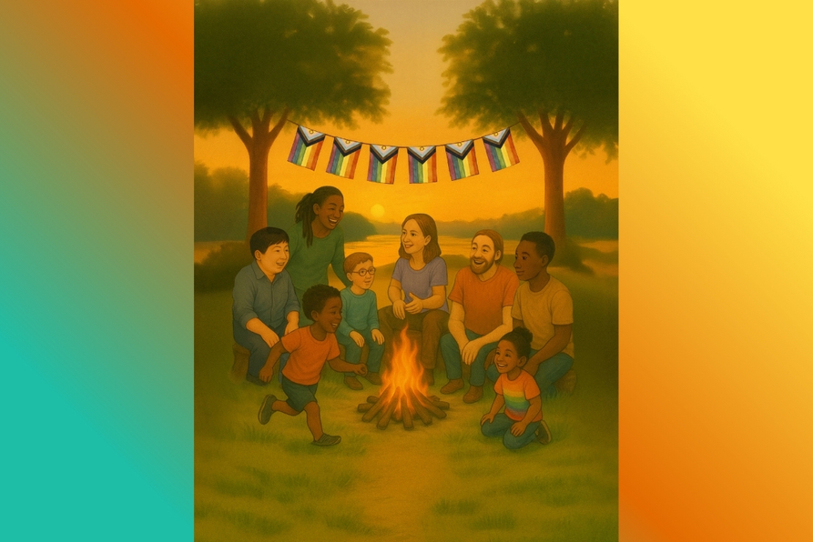 Erwachsene weiße Personen und Personen of Colour sitzen im Halbkreis an einem Lagerfeuer. Zwei Kinder sitzen, ein weiteres Kind läuft. Im Hintergrund geht über Wasser die Sonne unter. Zwischen zwei Bäumen ist eine Wimpelkette mit Progress Pride Flaggen gespannt. Die erwachsenen Personen unterhalten sich und es herrscht eine gute Stimmung.