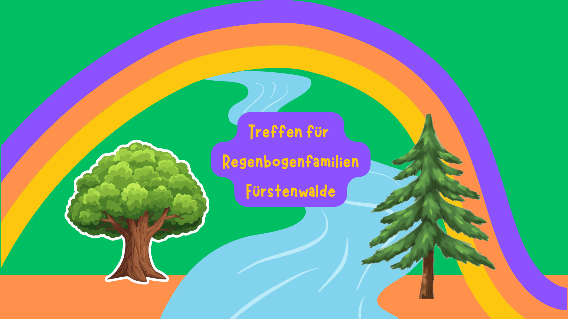 Lila-orange-gelber Regenbogen vor grünem Hintergrund. Links ein Laubbaum, rechts ein Nadelbaum. Ein Fluss fließt unter dem Regenbogen hindurch.